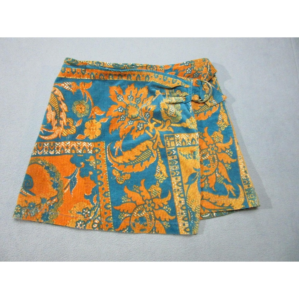 Urban Outfitters Skirt Womens Large Orange Blue Paisley Corduroy Wrap Mini Boho